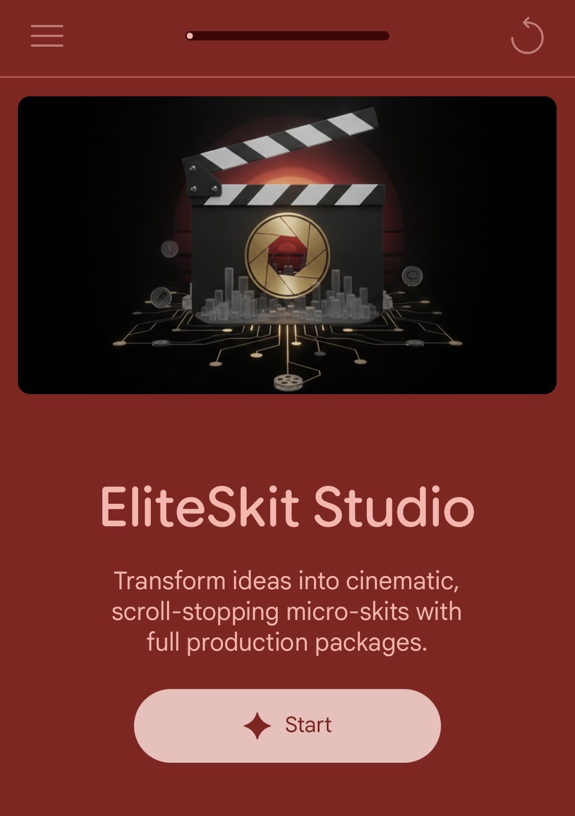 EliteSkit Studio app screen showing the cinematic clapperboard graphic and the Start button